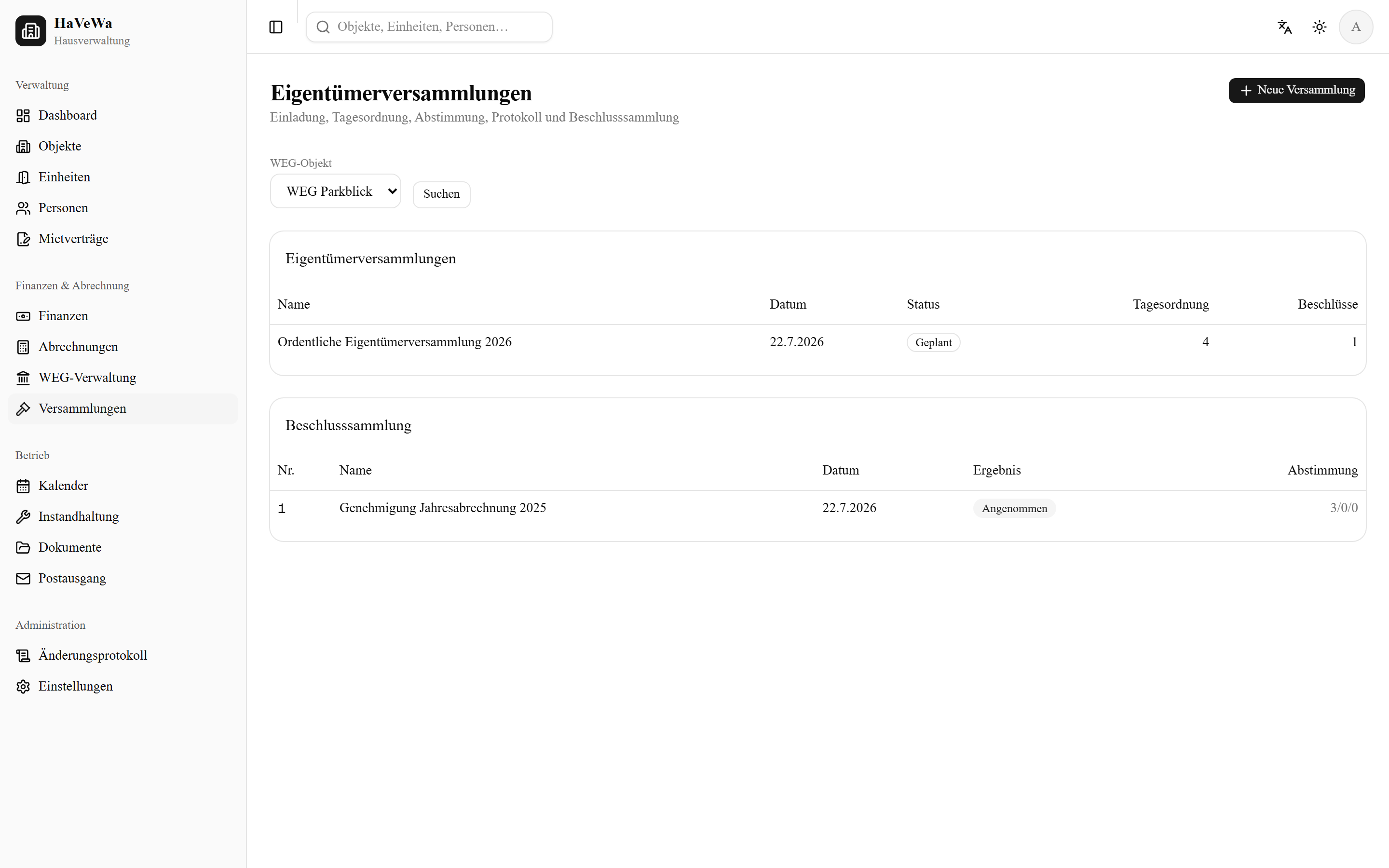 Eigentümerversammlung mit Tagesordnung und Beschlüssen in HaVeWa
